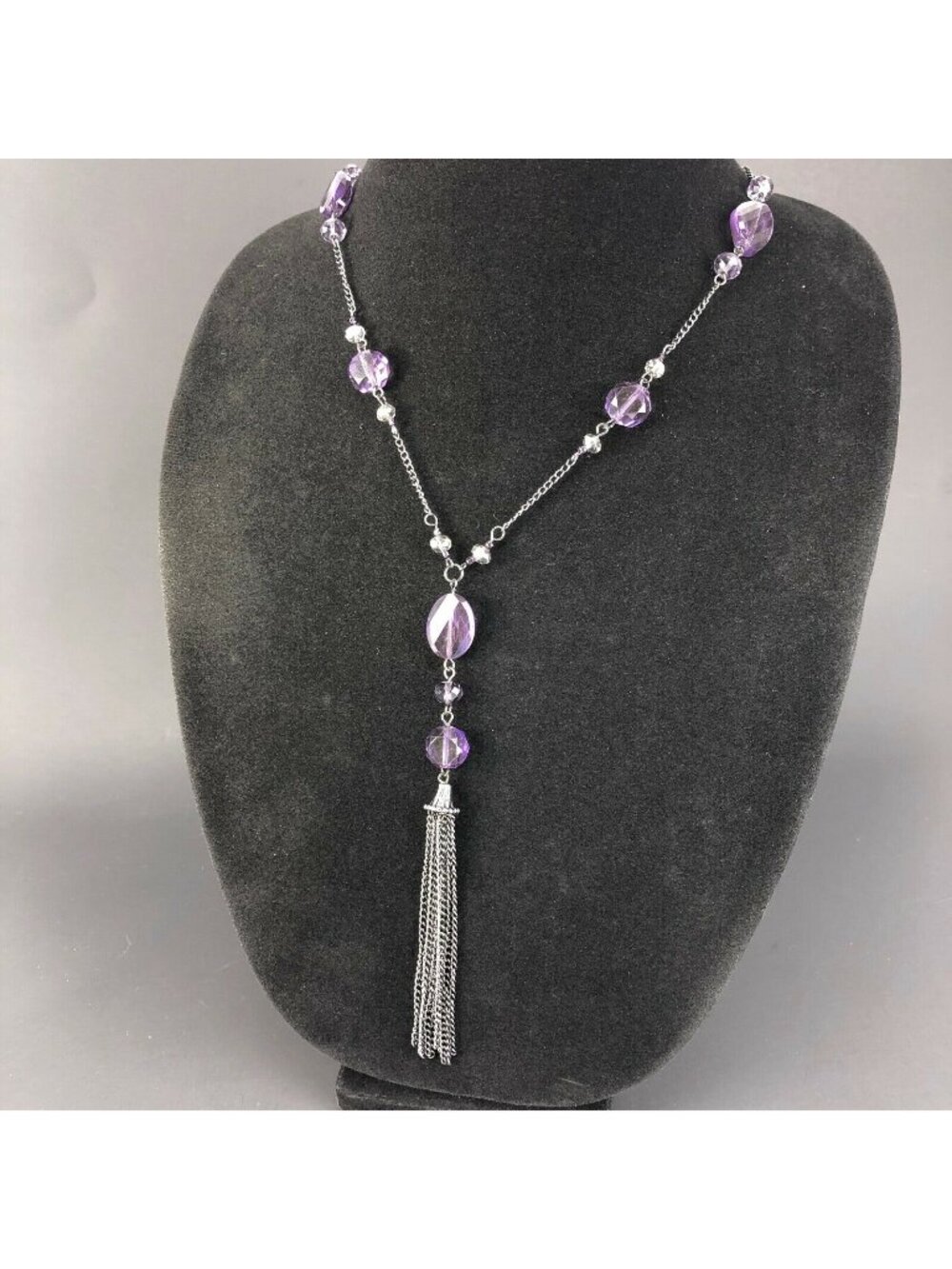 Kohl's Color Long Necklace Violet Beads Silver Tone Tassel #1736